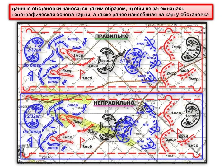 данные обстановки наносятся таким образом, чтобы не затемнялась топографическая основа