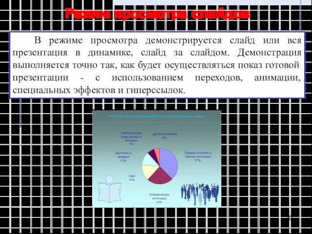 Режим просмотра слайдов В режиме просмотра демонстрируется слайд или вся