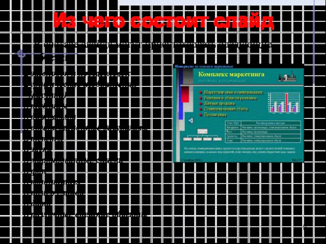 Из чего состоит слайд В составе слайда могут присутствовать следующие
