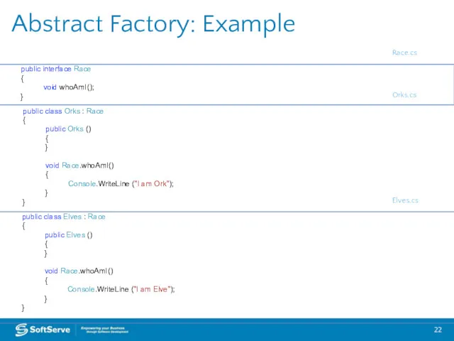 Abstract Factory: Example public interface Race { void whoAmI(); }