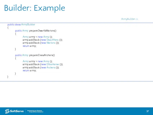 Builder: Example public class ArmyBuilder { public Army prepareDwarfsWariors() {