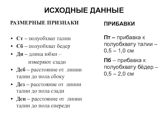 ИСХОДНЫЕ ДАННЫЕ РАЗМЕРНЫЕ ПРИЗНАКИ Ст – полуобхват талии Сб –