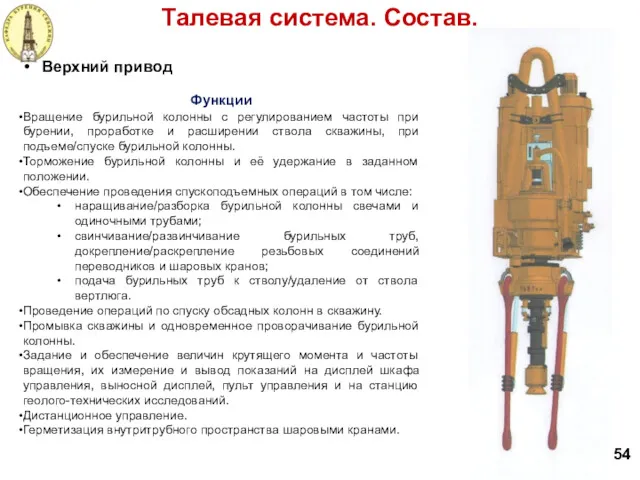 Талевая система. Состав. 54 Верхний привод Функции Вращение бурильной колонны