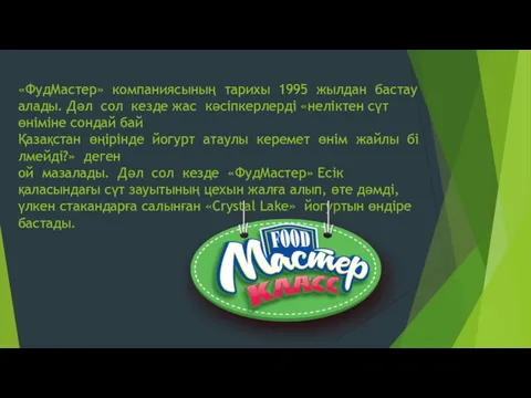 «ФудМастер» компаниясының тарихы 1995 жылдан бастау алады. Дәл сол кезде