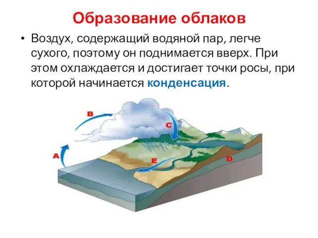 Образование облаков Воздух, содержащий водяной пар, легче сухого, поэтому он