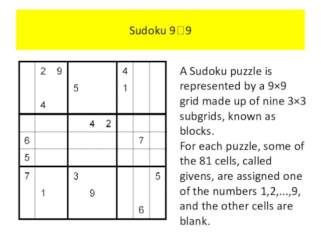 Sudoku 99 A Sudoku puzzle is represented by a 9×9 grid made up