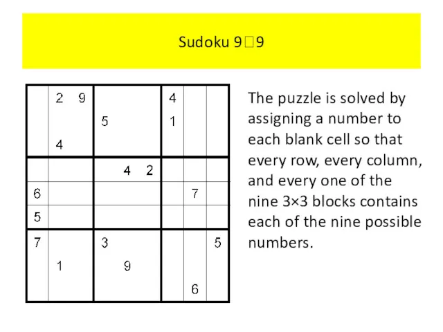 Sudoku 99 The puzzle is solved by assigning a number to each blank