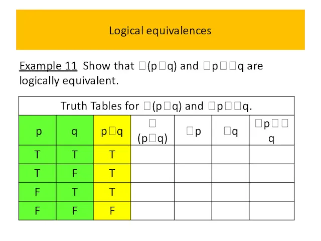 Logical equivalences Example 11 Show that (pq) and pq are logically equivalent.