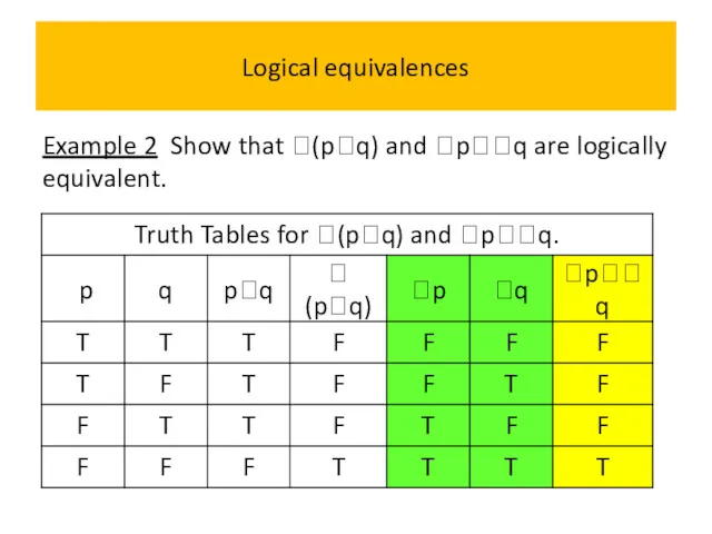 Logical equivalences Example 2 Show that (pq) and pq are logically equivalent.