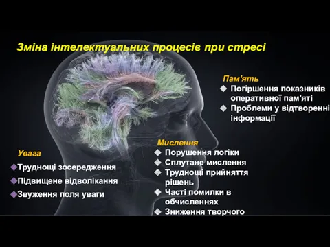 Зміна інтелектуальних процесів при стресі Мислення Порушення логіки Сплутане мислення