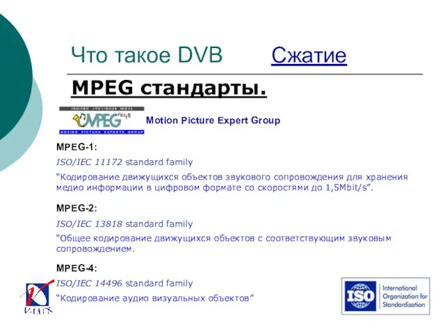 MPEG-1: ISO/IEC 11172 standard family “Кодирование движущихся объектов звукового сопровождения