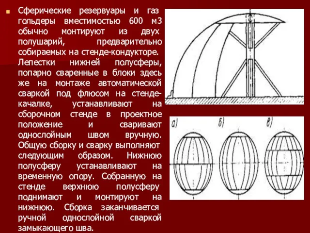 Сферические резервуары и газ­гольдеры вместимостью 600 м3 обыч­но монтируют из