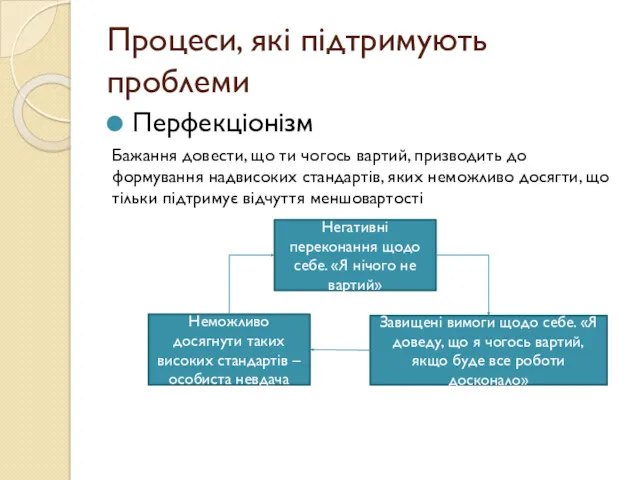 Процеси, які підтримують проблеми Перфекціонізм Бажання довести, що ти чогось