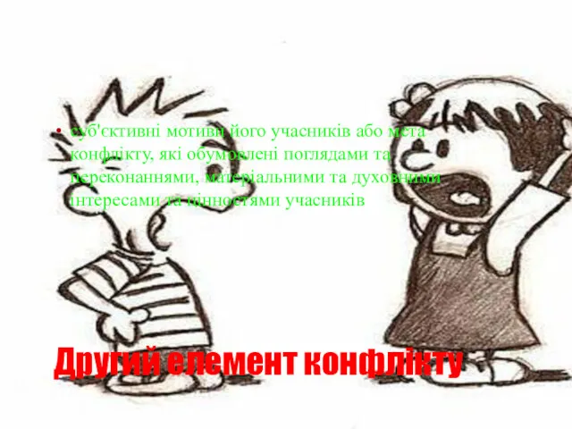 Другий елемент конфлікту суб'єктивні мотиви його учасників або мета конфлікту,