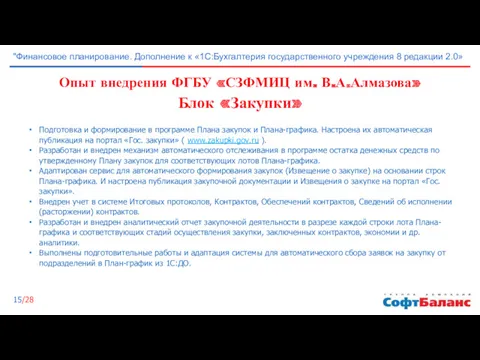 Опыт внедрения ФГБУ «СЗФМИЦ им. В.А.Алмазова» Блок «Закупки» Подготовка и