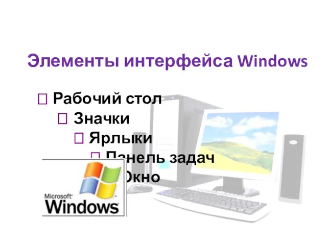 Элементы интерфейса Windows  Рабочий стол  Значки  Ярлыки  Панель задач  Окно