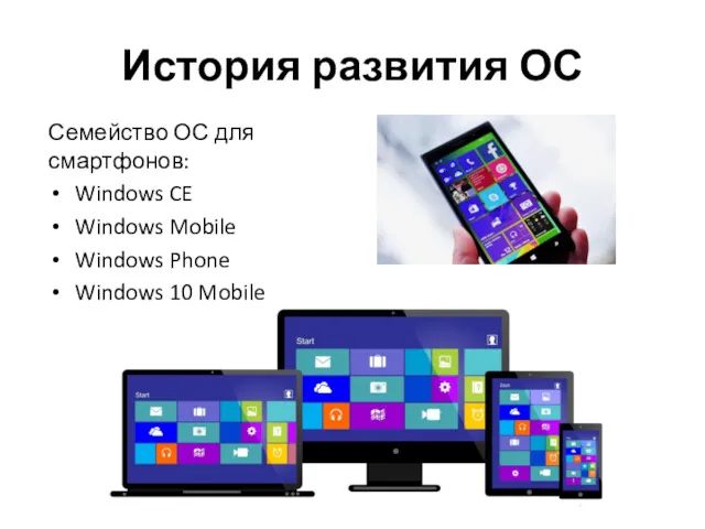 Семейство ОС для смартфонов: Windows CE Windows Mobile Windows Phone Windows 10 Mobile История развития ОС