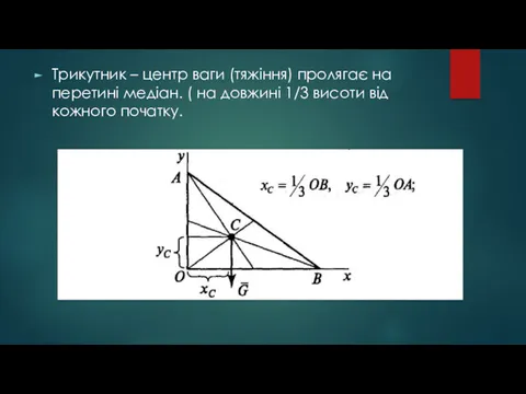 Трикутник – центр ваги (тяжіння) пролягає на перетині медіан. (
