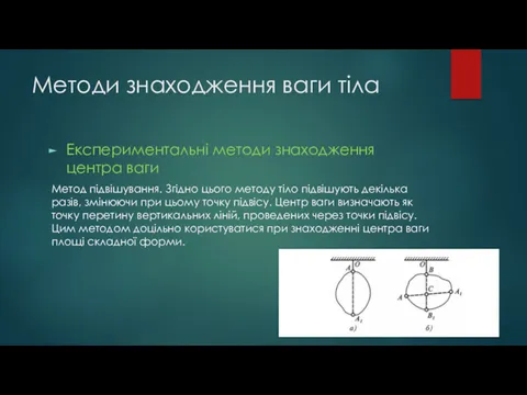 Методи знаходження ваги тіла Експериментальні методи знаходження центра ваги Метод