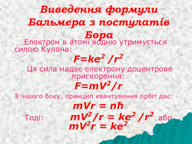 Виведення формули Бальмера з постулатів Бора Електрон в атомі водню