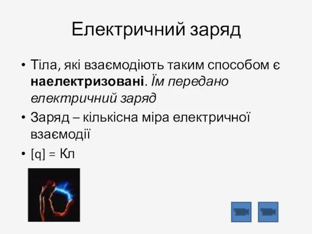 Електричний заряд Тіла, які взаємодіють таким способом є наелектризовані. Їм