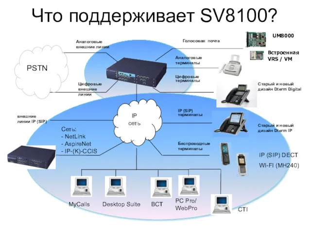 Что поддерживает SV8100? UM8000 Встроенная VRS / VM Голосовая почта