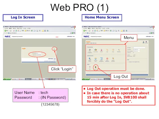 Web PRO (1) Log In Screen Home Menu Screen User