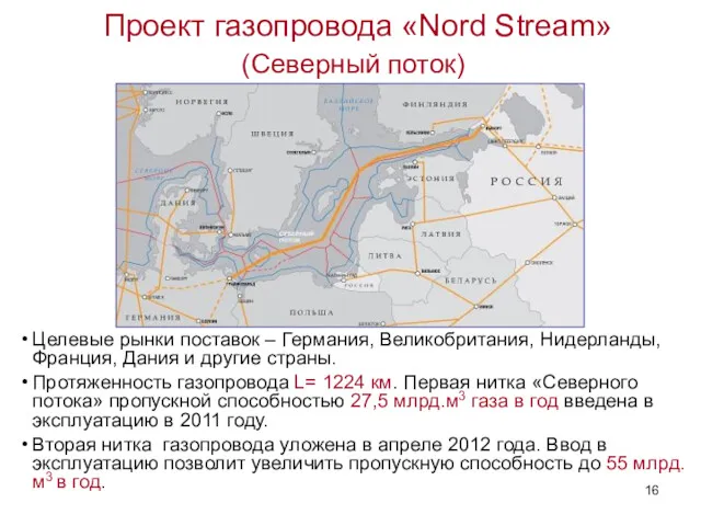 Проект газопровода «Nord Stream» (Северный поток) Целевые рынки поставок – Германия, Великобритания, Нидерланды,