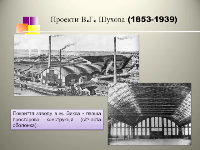 Проекти В.Г. Шухова (1853-1939) Покриття заводу в м. Викса - перша просторова конструкція (сітчаста оболонка).