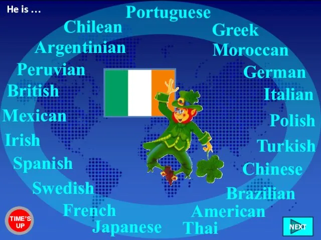 Irish British Italian French Swedish Greek Chilean Peruvian Mexican American