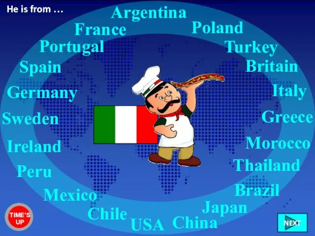 Italy France Portugal Germany Sweden Ireland Chile Peru Mexico USA