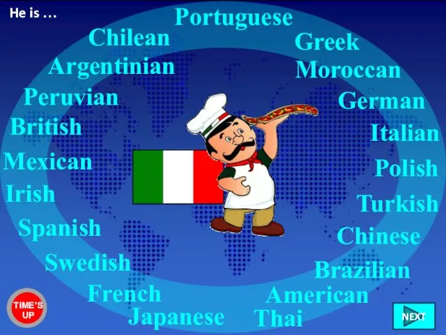Italian British Irish French Swedish Greek Chilean Peruvian Mexican American