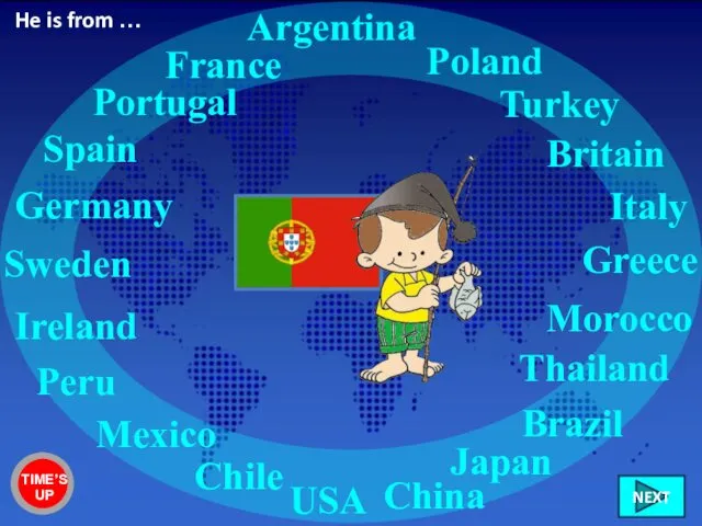 Portugal France Italy Germany Sweden Ireland Chile Peru Mexico USA
