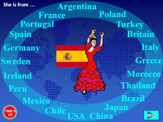 Spain France Portugal Germany Sweden Ireland Chile Peru Mexico USA