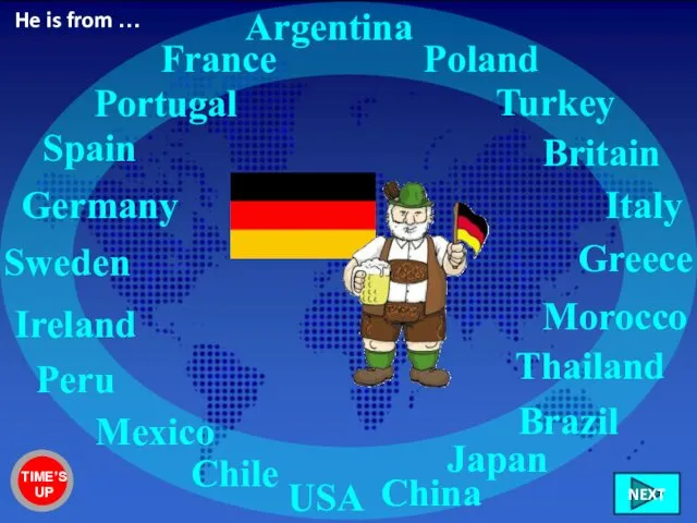 Germany Ireland Italy France Sweden Britain Chile Peru Mexico USA