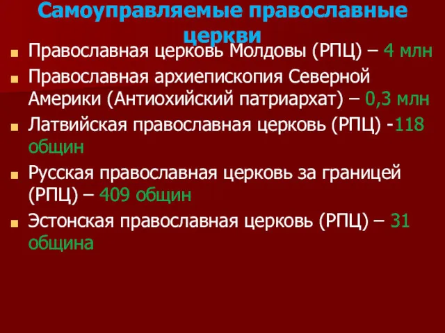 Самоуправляемые православные церкви Православная церковь Молдовы (РПЦ) – 4 млн Православная архиепископия Северной