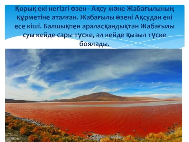 Қорық екі негізгі өзен - Ақсу және Жабағылының құрметіне аталған. Жабағылы өзені Ақсудан