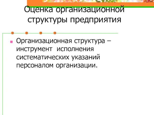 Оценка организационной структуры предприятия Организационная структура – инструмент исполнения систематических указаний персоналом организации.