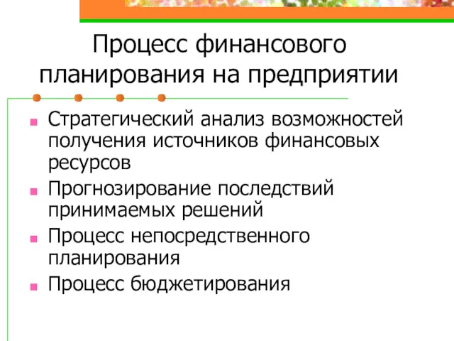 Процесс финансового планирования на предприятии Стратегический анализ возможностей получения источников