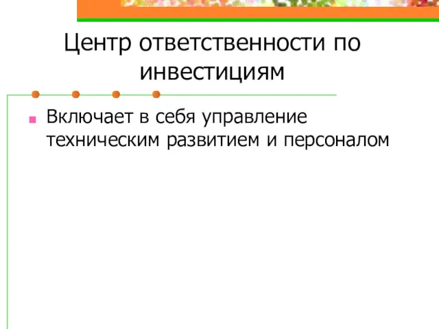 Центр ответственности по инвестициям Включает в себя управление техническим развитием и персоналом