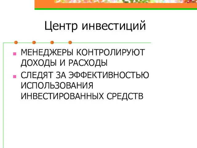 Центр инвестиций МЕНЕДЖЕРЫ КОНТРОЛИРУЮТ ДОХОДЫ И РАСХОДЫ СЛЕДЯТ ЗА ЭФФЕКТИВНОСТЬЮ ИСПОЛЬЗОВАНИЯ ИНВЕСТИРОВАННЫХ СРЕДСТВ