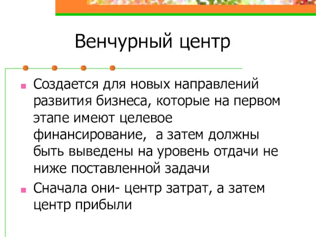 Венчурный центр Создается для новых направлений развития бизнеса, которые на