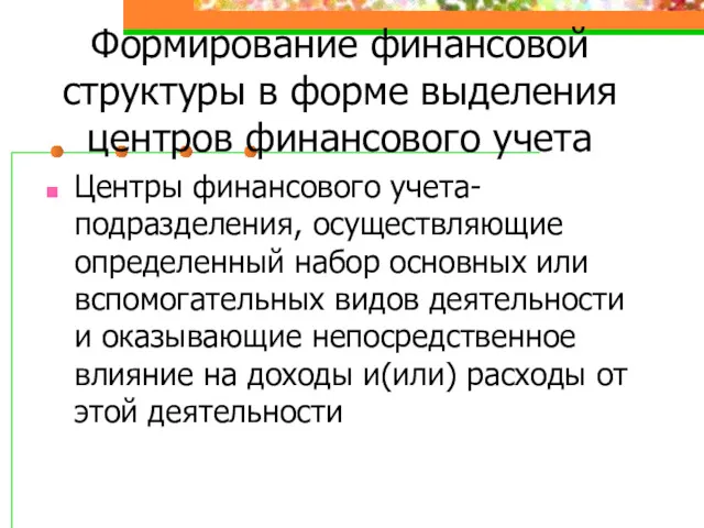 Формирование финансовой структуры в форме выделения центров финансового учета Центры