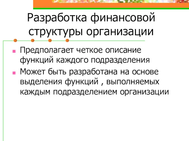 Разработка финансовой структуры организации Предполагает четкое описание функций каждого подразделения