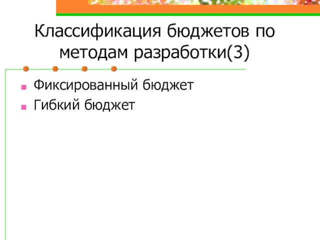 Классификация бюджетов по методам разработки(3) Фиксированный бюджет Гибкий бюджет