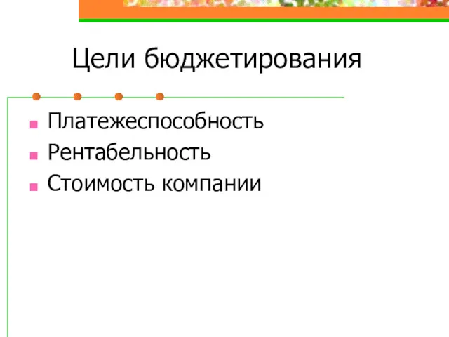 Цели бюджетирования Платежеспособность Рентабельность Стоимость компании