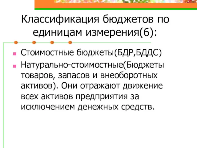 Классификация бюджетов по единицам измерения(6): Стоимостные бюджеты(БДР,БДДС) Натурально-стоимостные(Бюджеты товаров, запасов