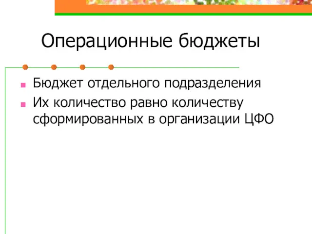 Операционные бюджеты Бюджет отдельного подразделения Их количество равно количеству сформированных в организации ЦФО