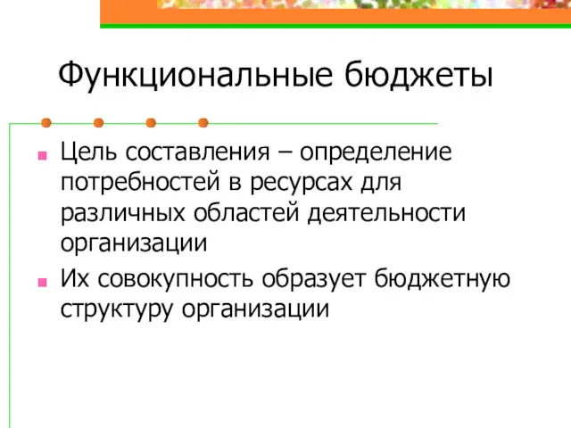 Функциональные бюджеты Цель составления – определение потребностей в ресурсах для