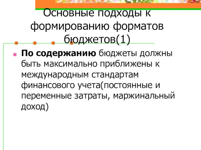 Основные подходы к формированию форматов бюджетов(1) По содержанию бюджеты должны